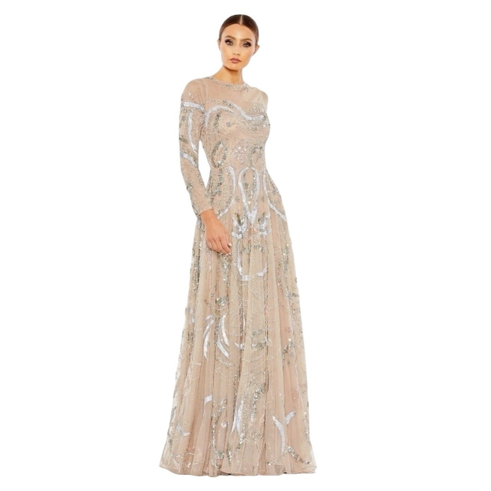 Mac Duggal 5217 Nude Beaded Illusion Long Sleeve Gown Size 12 $698